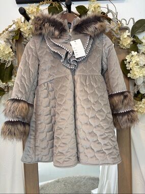 Girls' Quilted Light Gray Faux-Fur Trim Pea Coat